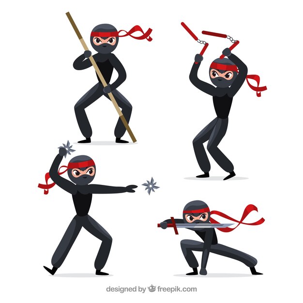 Colección original de personaje ninja con diseño plano
