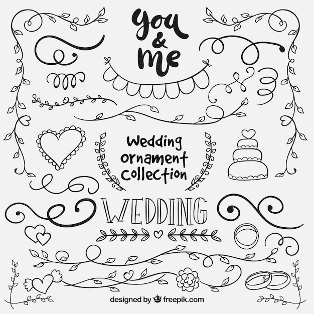 Vector gratuito colección de ornamentos de boda dibujados a mano