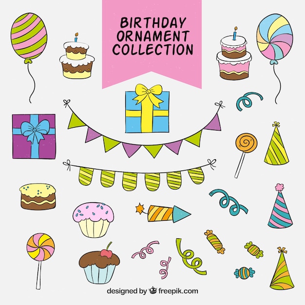 Colección de ornamentos de cumpleaños dibujados a mano