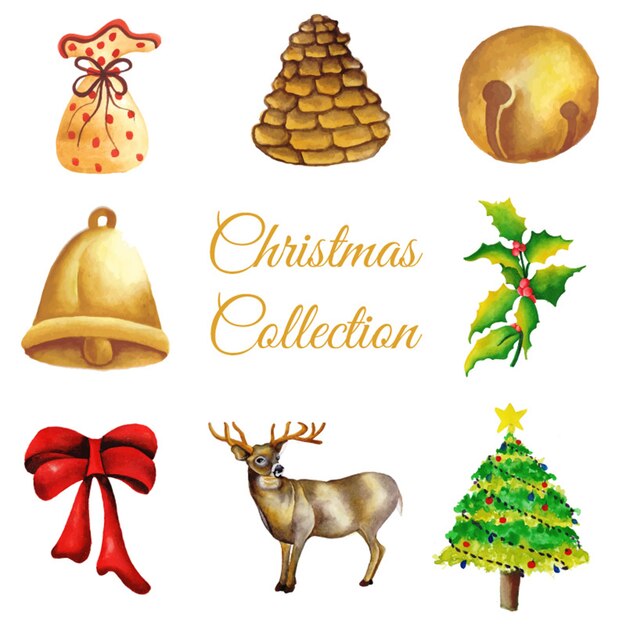 Colección de los ornamentos de la Navidad de la acuarela