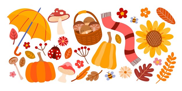 Colección de otoño de elementos decorativos de la temporada como paraguas, setas, hojas, flores, bufandas, calabazas, insectos, mariquitas y abejas, ilustración vectorial aislada