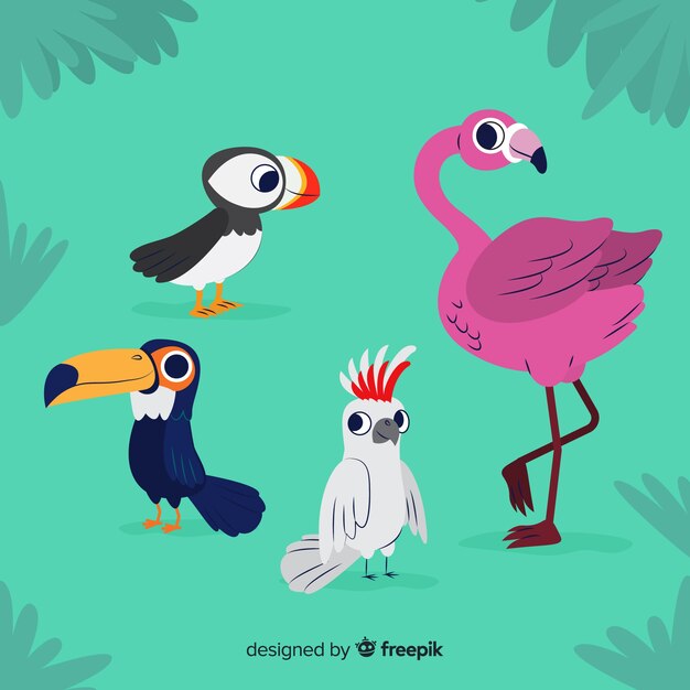 Colección de pájaros exóticos en diseño plano