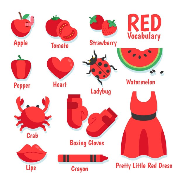Colección de palabras y elementos rojos en inglés