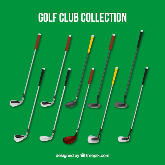 Vector gratuito colección de palos de golf sobre fondo verde