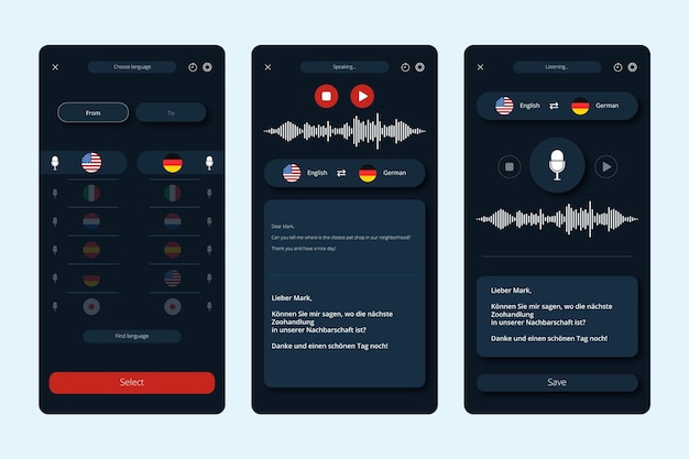 Vector gratuito colección de pantallas para la aplicación de traductor de voz