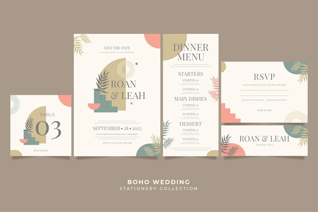 Colección de papelería de boda boho plana