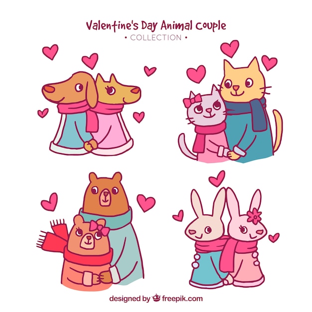 Vector gratuito colección de parejas de animales de san valentín dibujadas a mano