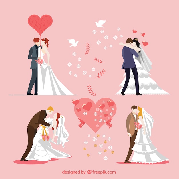 Vector gratuito colección de parejas de boda besándose