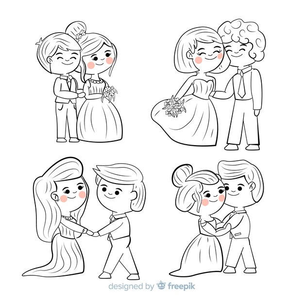 Colección de parejas de boda dibujados a mano