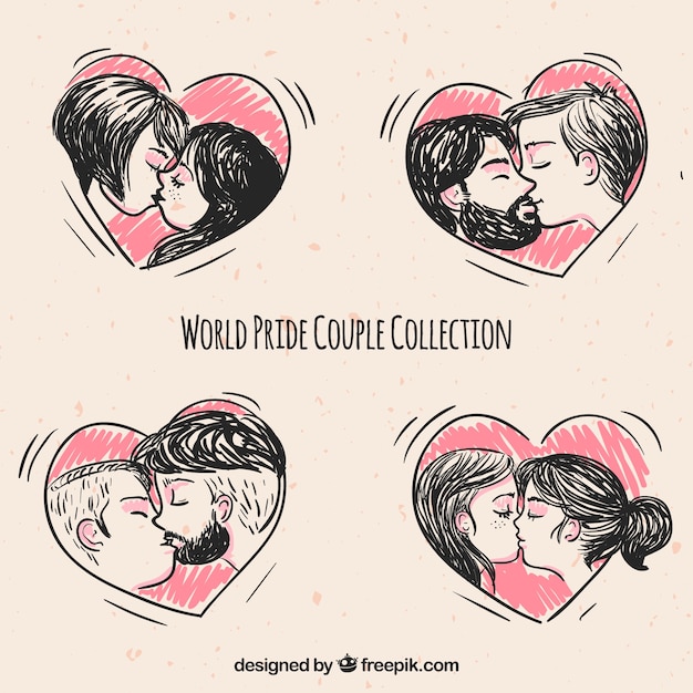 Vector gratuito colección de parejas con corazones dibujadas a mano