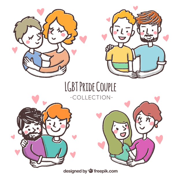 Vector gratuito colección de parejas del orgullo lgbt en estilo hecho a mano