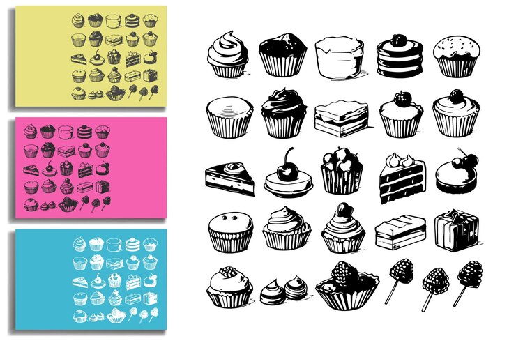 Colección de pasteles y cupcakes dibujados a mano en varios estilos sobre fondos de colores