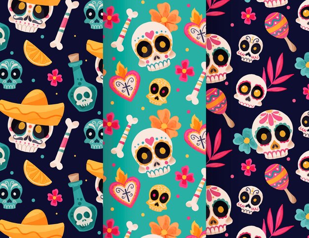 Colección de patrones de acuarela dia de muertos