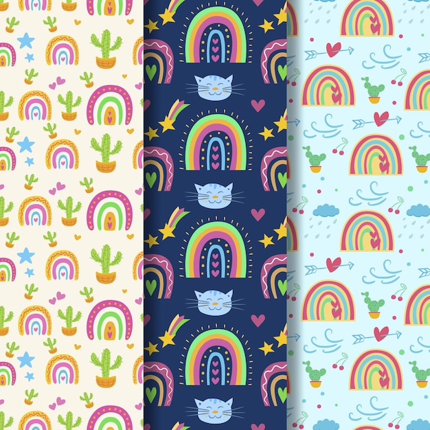 Colección de patrones de arco iris dibujados a mano