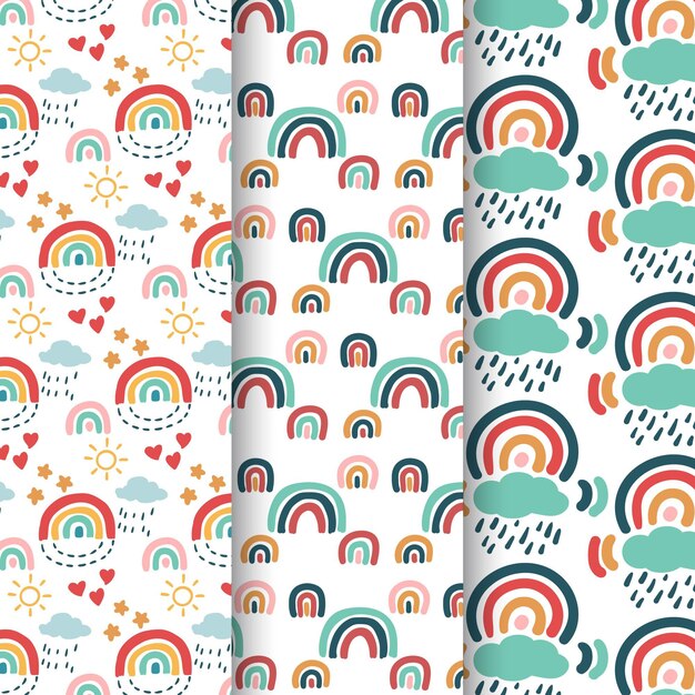 Colección de patrones de arco iris dibujados a mano