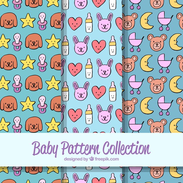 Colección de patrones de bebé con juguetes y ropa