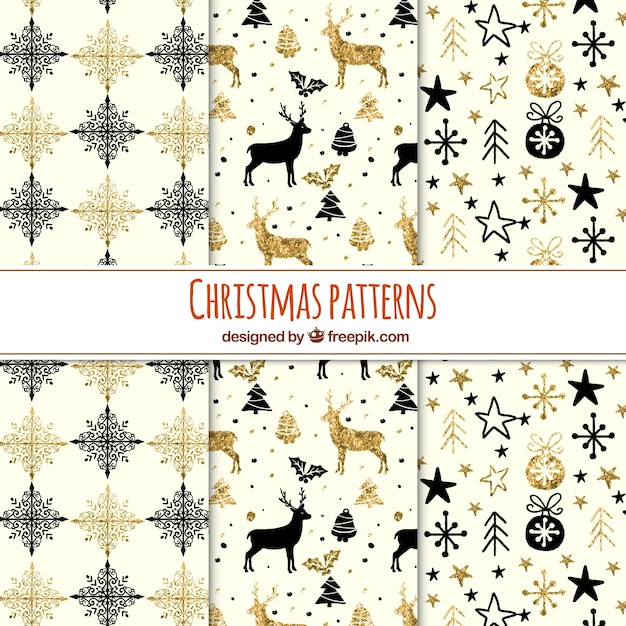 Colección de patrones brillantes de navidad con elementos negros y dorados