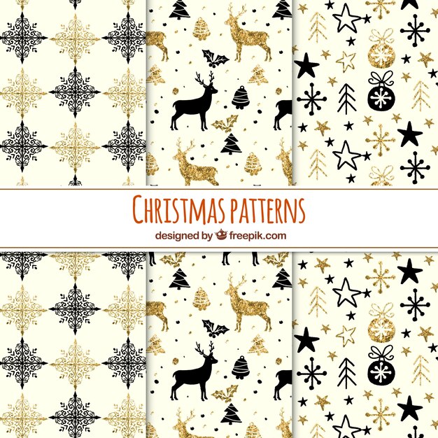 Colección de patrones brillantes de navidad con elementos negros y dorados