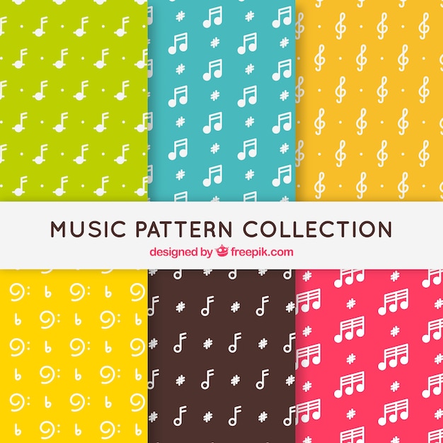 Colección de patrones de colores con notas musicales