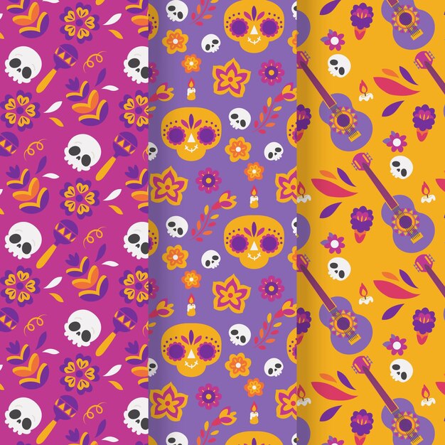 Colección patrones dia de muertos dibujados a mano
