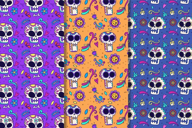 Colección patrones dia de muertos dibujados a mano