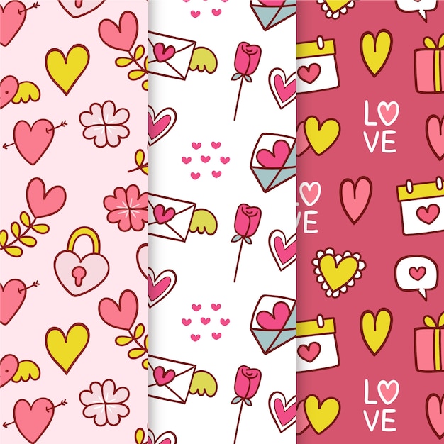 Colección de patrones dibujados a mano del día de San Valentín