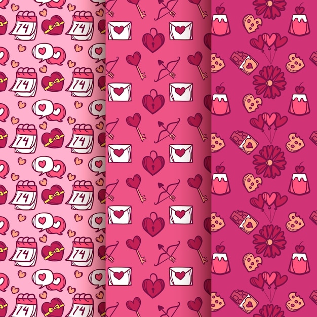 Colección de patrones dibujados a mano de San Valentín
