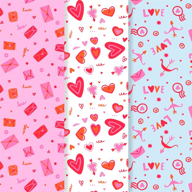 Colección de patrones dibujados a mano de San Valentín