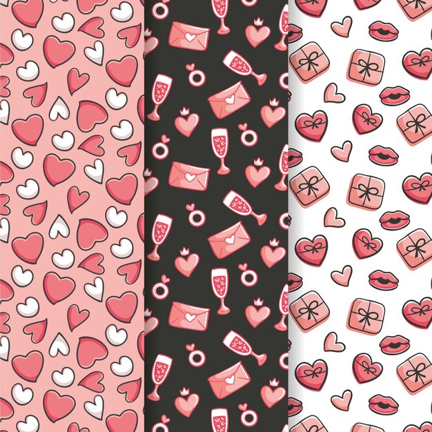 Colección de patrones dibujados a mano de San Valentín