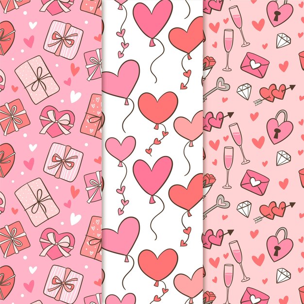 Colección de patrones dibujados a mano de San Valentín