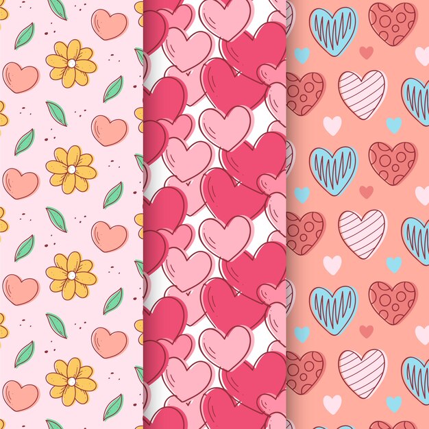 Colección de patrones dibujados a mano de San Valentín