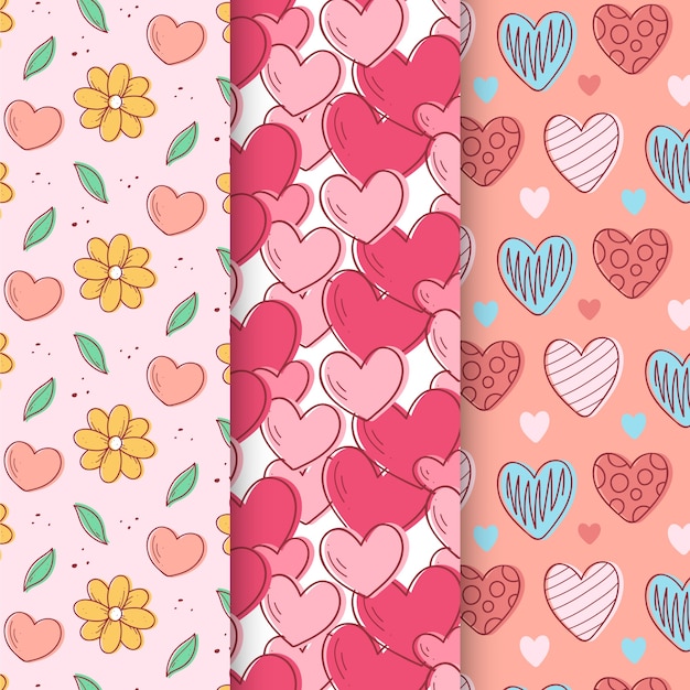 Colección de patrones dibujados a mano de San Valentín