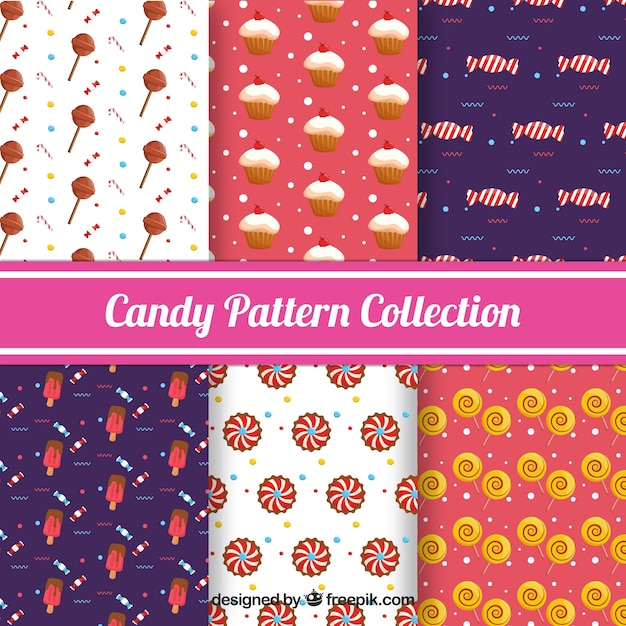 Colección de patrones de dulces coloridos en estilo plano