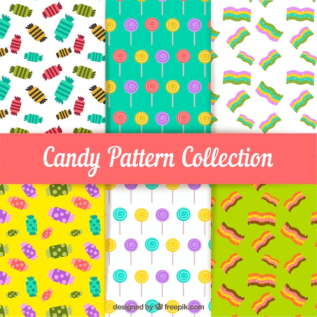 Vector gratuito colección de patrones de dulces coloridos en estilo plano