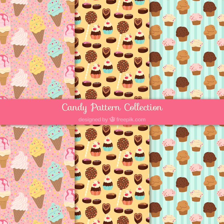 Vector gratuito colección de patrones de dulces coloridos en estilo plano