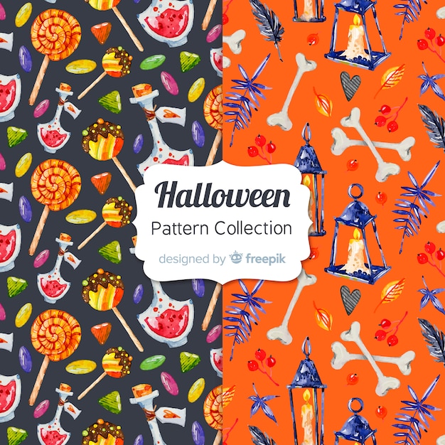 Vector gratuito colección de patrones con elementos de halloween en acuarela