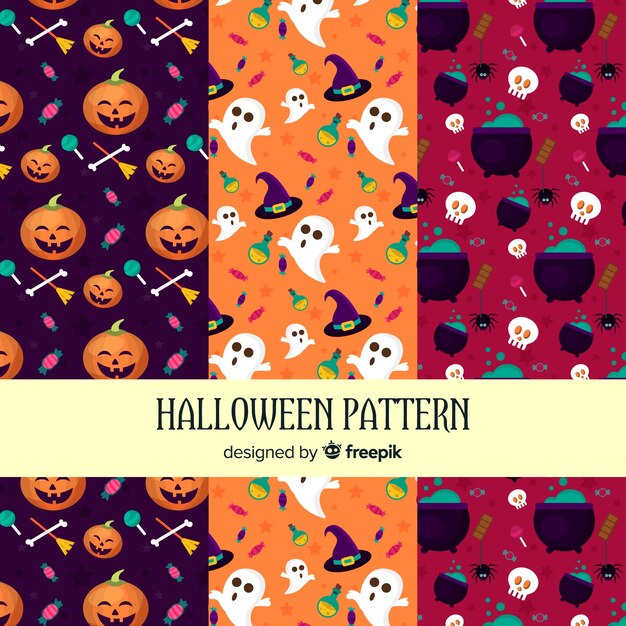 Colección de patrones con elementos de halloween en diseño plano