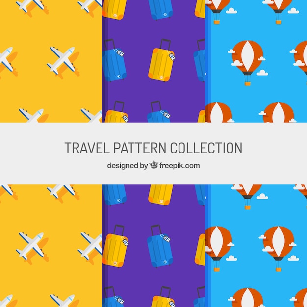 Colección de patrones de elementos de viaje en diseño plano 