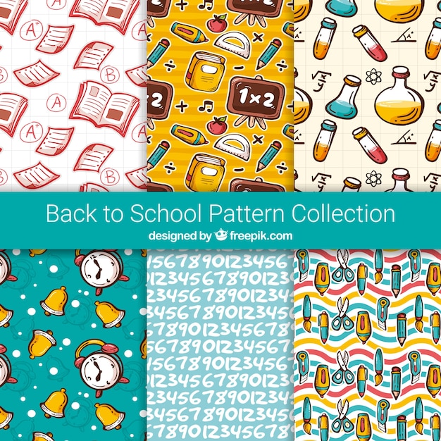 Colección de patrones de escuela con elementos