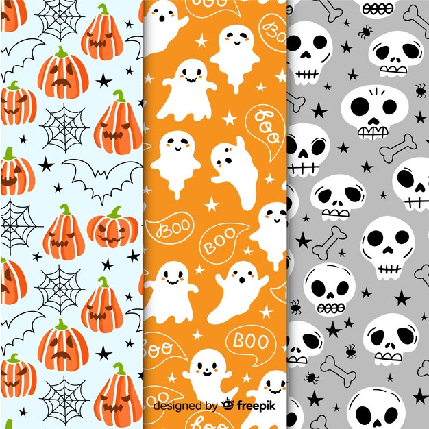 Colección de patrones de fiesta de Halloween con fantasmas y calabazas