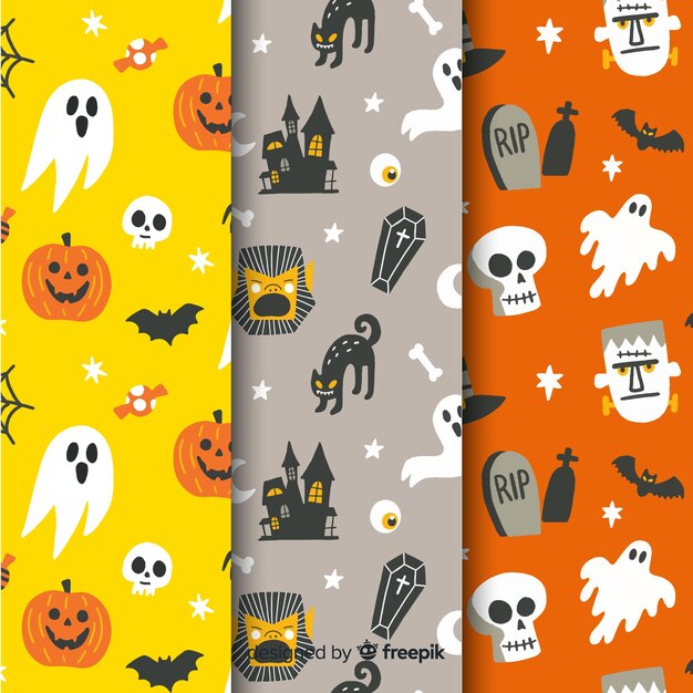 Colección de patrones sin fisuras de halloween dibujados a mano