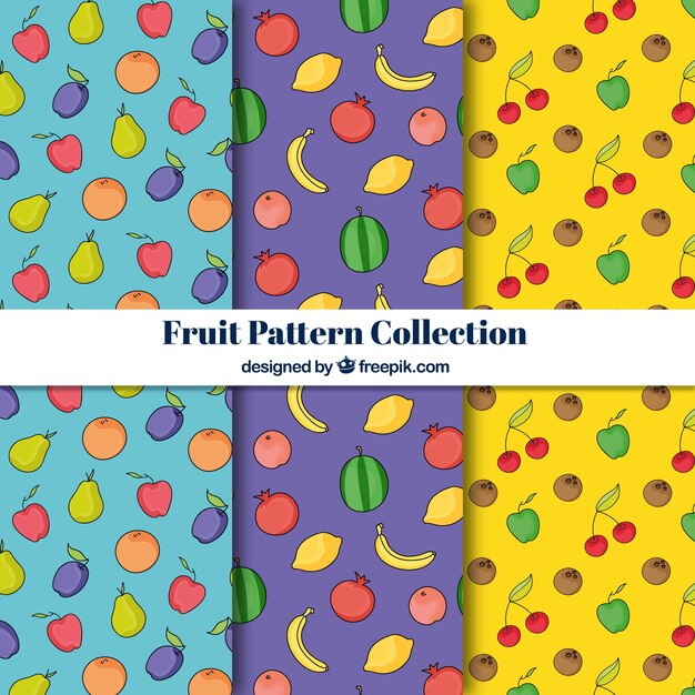 Colección de patrones de fruta azul, morado y amarillo
