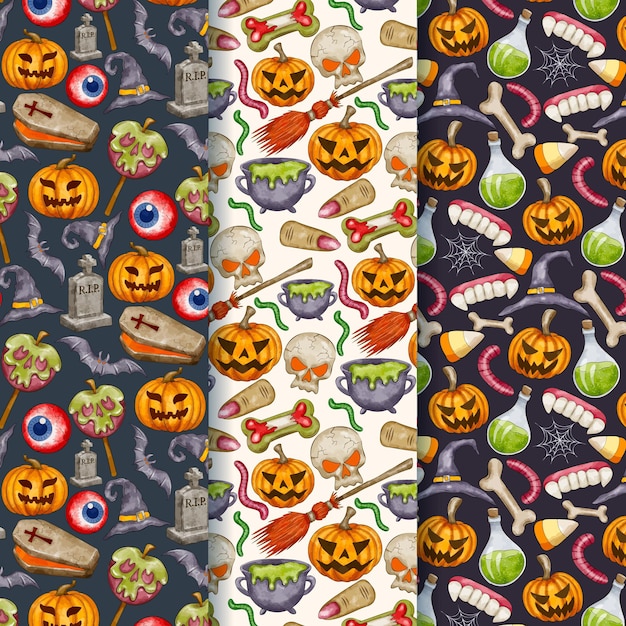 Vector gratuito colección de patrones de halloween en acuarela