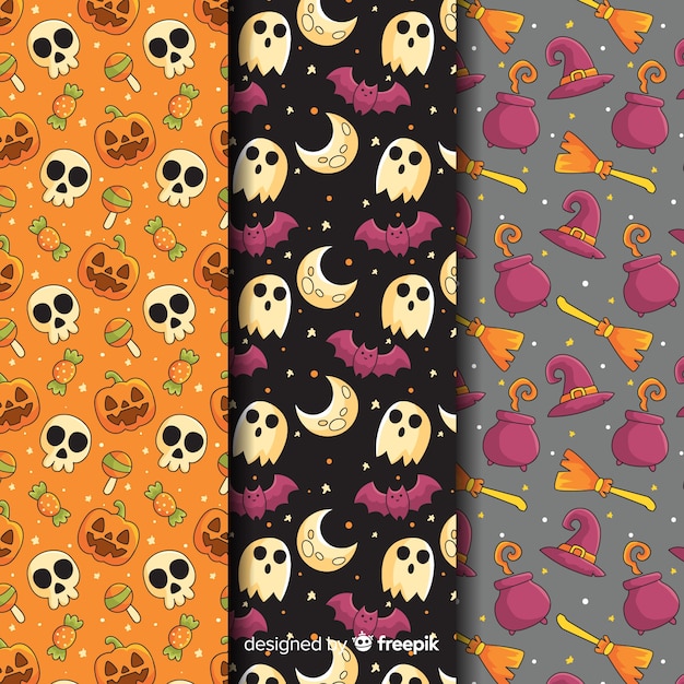 Colección de patrones de halloween con calaveras y fantasmas