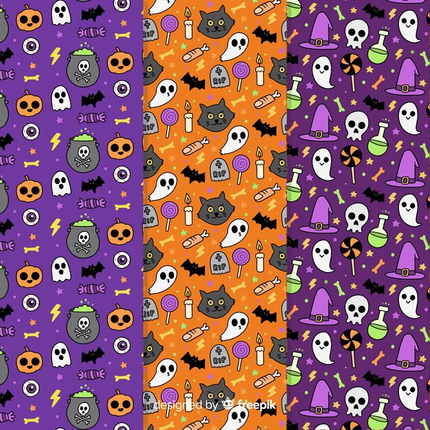 Colección de patrones de Halloween dibujados a mano