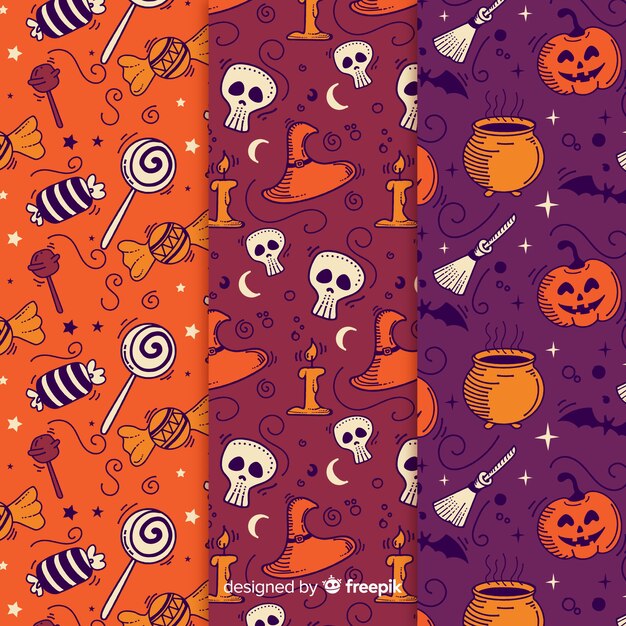 Colección de patrones de halloween dibujados a mano