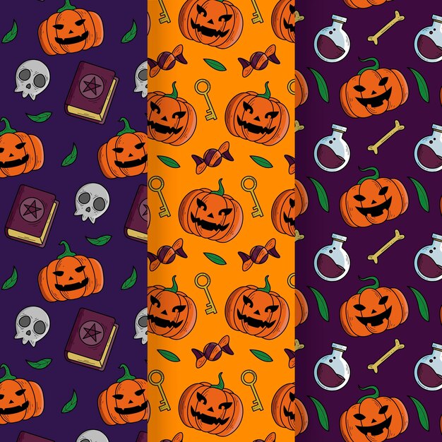 Colección de patrones de halloween dibujados a mano