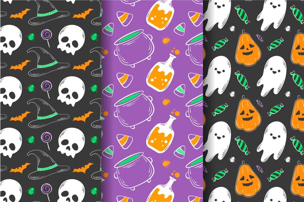Colección de patrones de halloween dibujados a mano