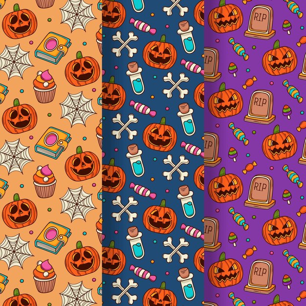 Colección de patrones de halloween dibujados a mano