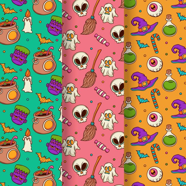 Colección de patrones de halloween dibujados a mano